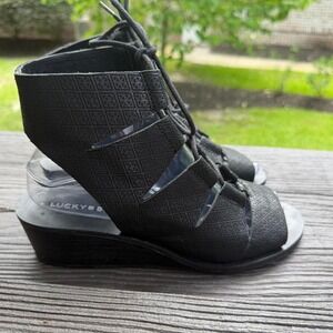 Lucky Brand Black Leather Lace-Up Gladiator Wedge Sandals Boho Festival